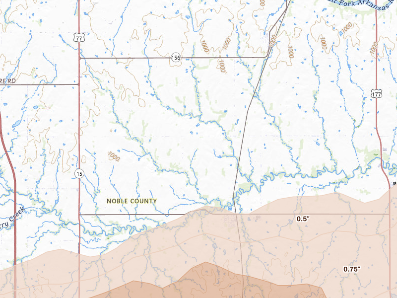 Radar-estimated hail-size map of the storm over Red Rock, OK on Apr 3, 2026