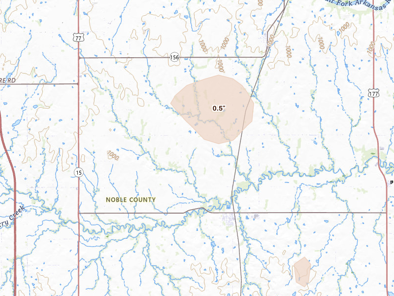 Radar-estimated hail-size map of the storm over Red Rock, OK on May 22, 2026
