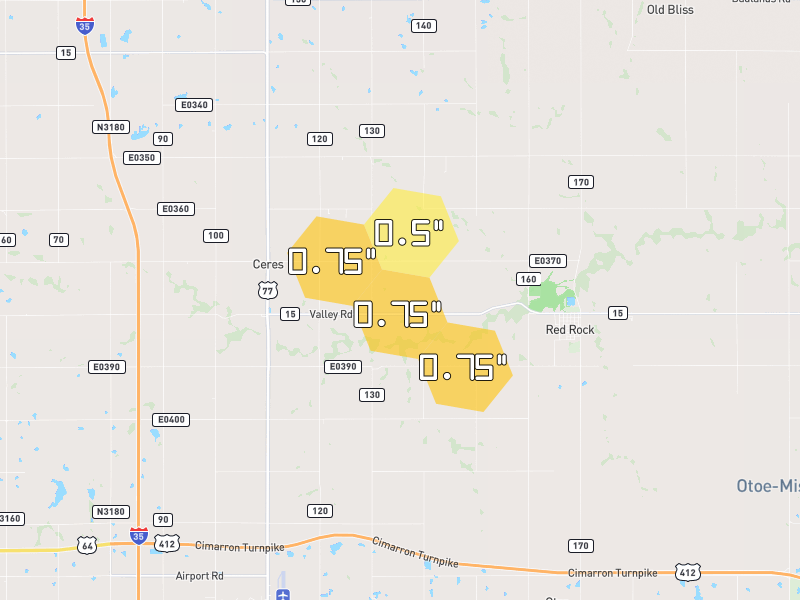 Hail map of Red Rock, OK on Jun 26, 2026, hail up to 0.75"