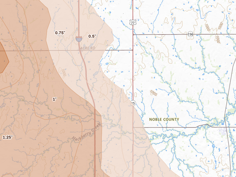 Radar-estimated hail-size map of the storm over Red Rock, OK on Jul 4, 2026