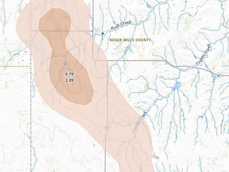 Radar-estimated hail-size map of the storm over Reydon, OK on May 23, 2026