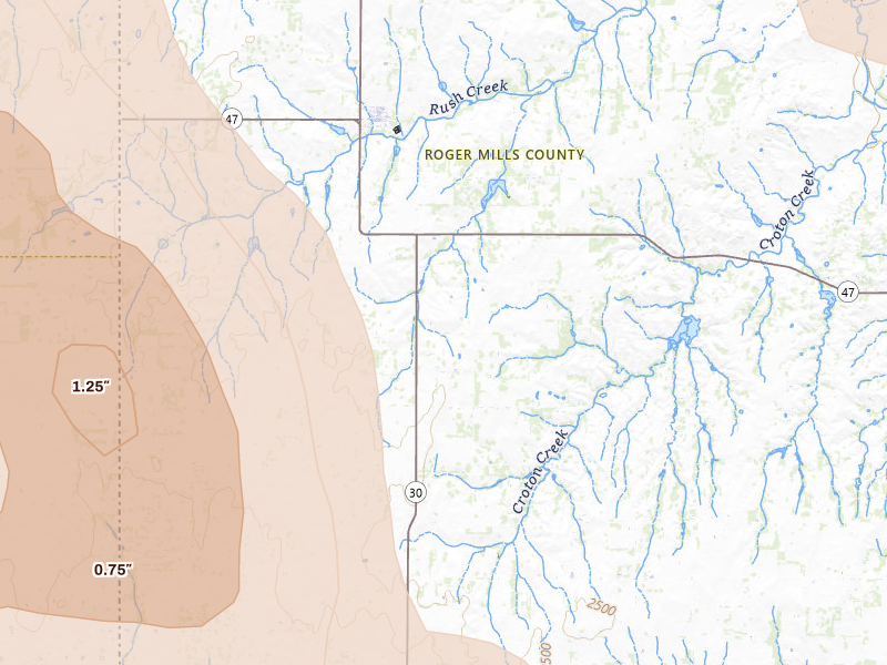 Radar-estimated hail-size map of the storm over Reydon, OK on Jun 23, 2026