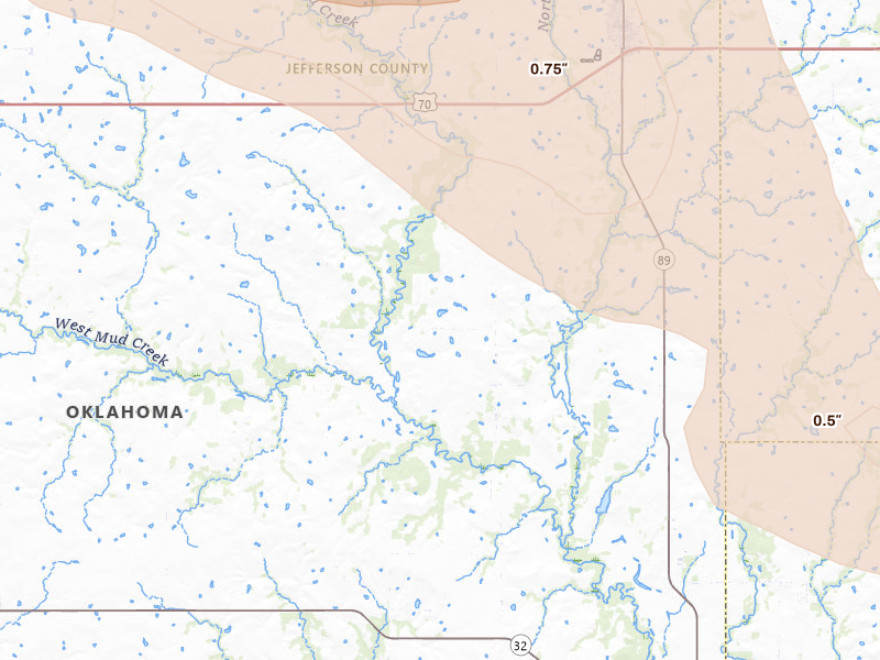 Radar-estimated hail-size map of the storm over Ringling, OK on May 9, 2026