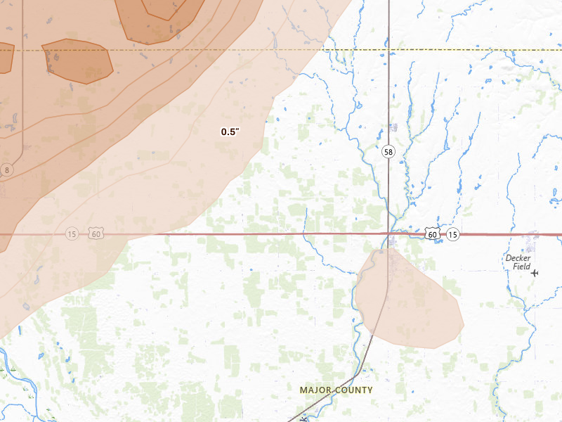 Radar-estimated hail-size map of the storm over Ringwood, OK on Mar 5, 2026