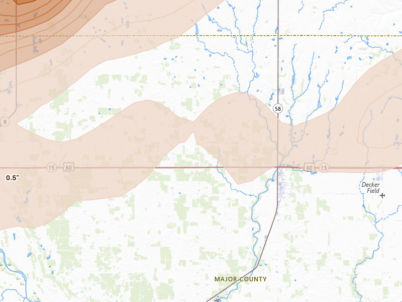 Radar-estimated hail-size map of the storm over Ringwood, OK on Apr 17, 2026