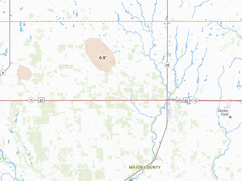 Radar-estimated hail-size map of the storm over Ringwood, OK on Apr 26, 2026