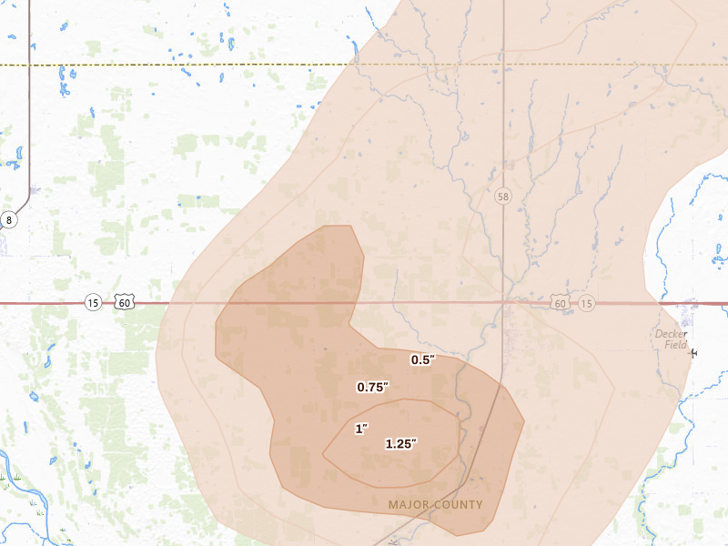 Radar-estimated hail-size map of the storm over Ringwood, OK on May 29, 2026