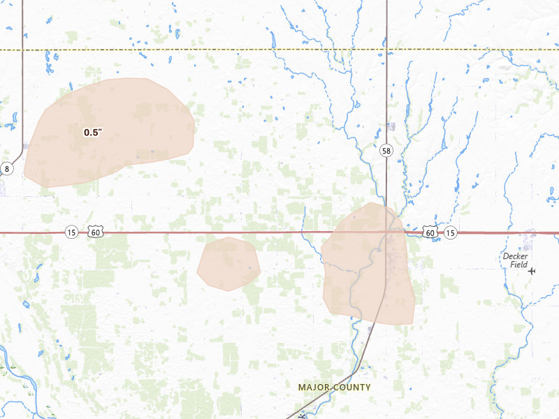 Radar-estimated hail-size map of the storm over Ringwood, OK on Jun 1, 2026
