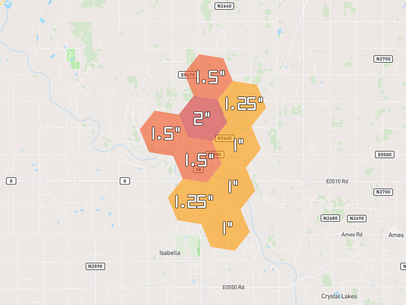 Hail map of Ringwood, OK on Jun 5, 2026, hail up to 2"