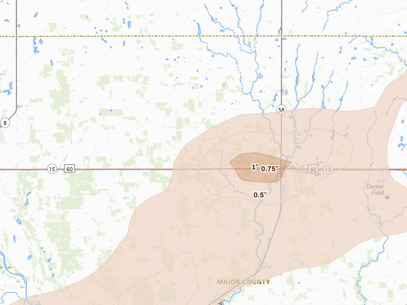 Radar-estimated hail-size map of the storm over Ringwood, OK on Jun 26, 2026