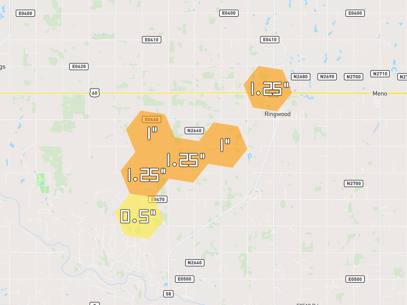 Hail map of Ringwood, OK on Jun 26, 2026, hail up to 1.25"