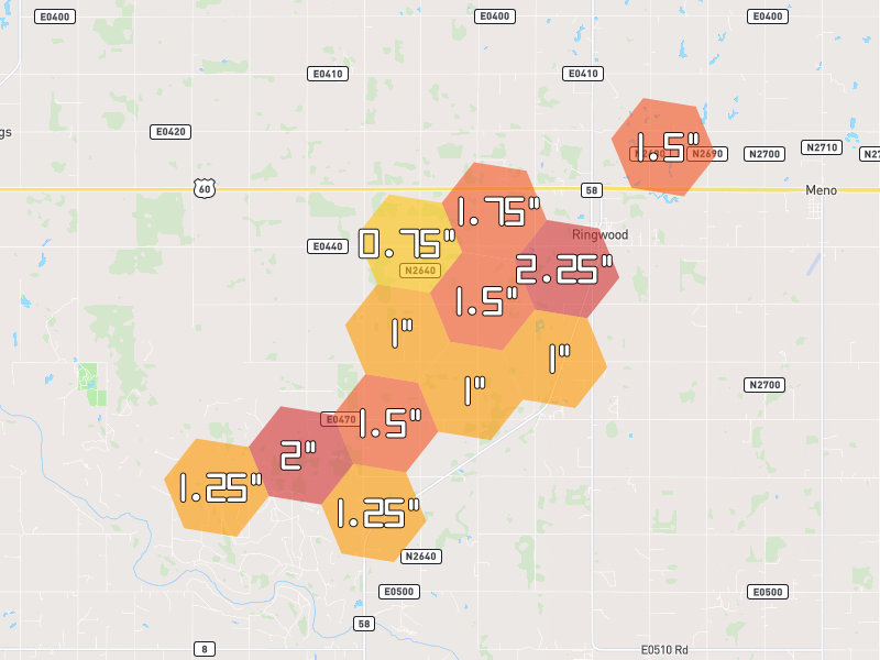 Hail map of Ringwood, OK on Jun 27, 2026, hail up to 2.25"