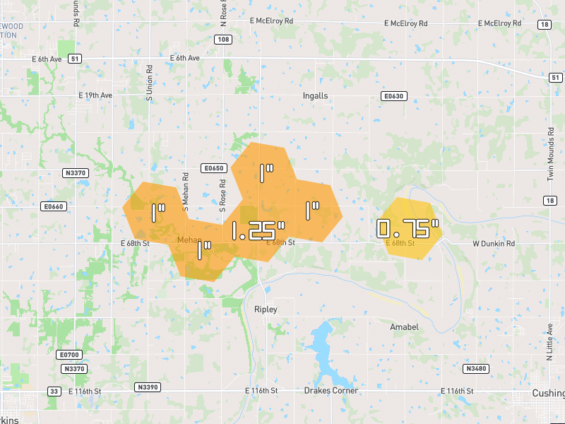 Hail map of Ripley, OK on Jun 27, 2026, hail up to 1.25"