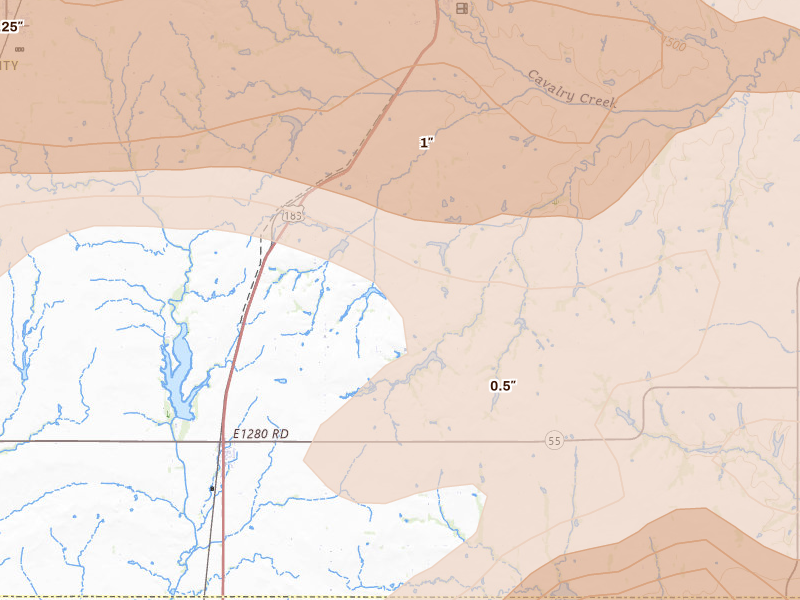 Radar-estimated hail-size map of the storm over Rocky, OK on May 9, 2026