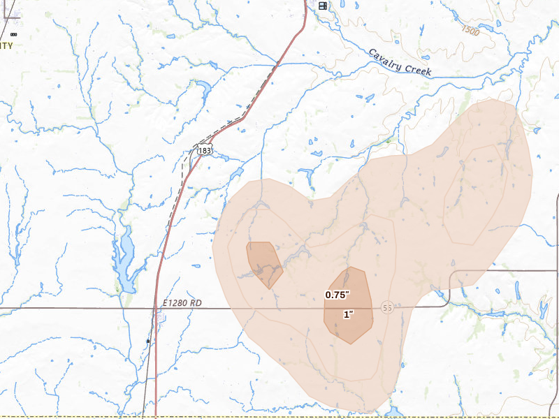 Radar-estimated hail-size map of the storm over Rocky, OK on Jun 3, 2026