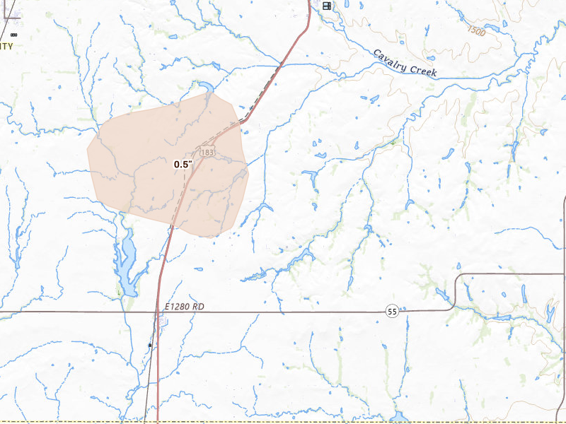 Radar-estimated hail-size map of the storm over Rocky, OK on Jun 18, 2026