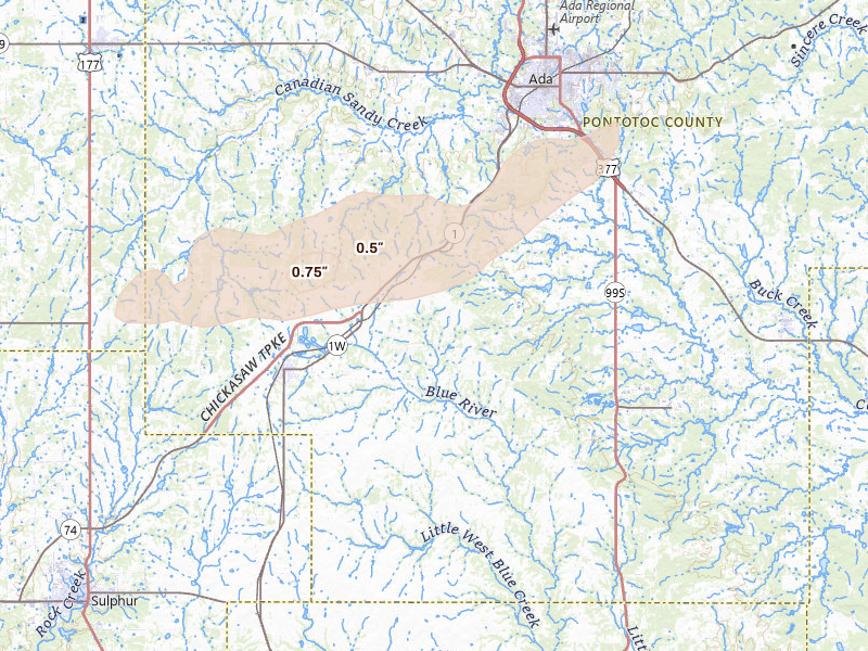 Radar-estimated hail-size map of the storm over Roff, OK on Apr 3, 2026
