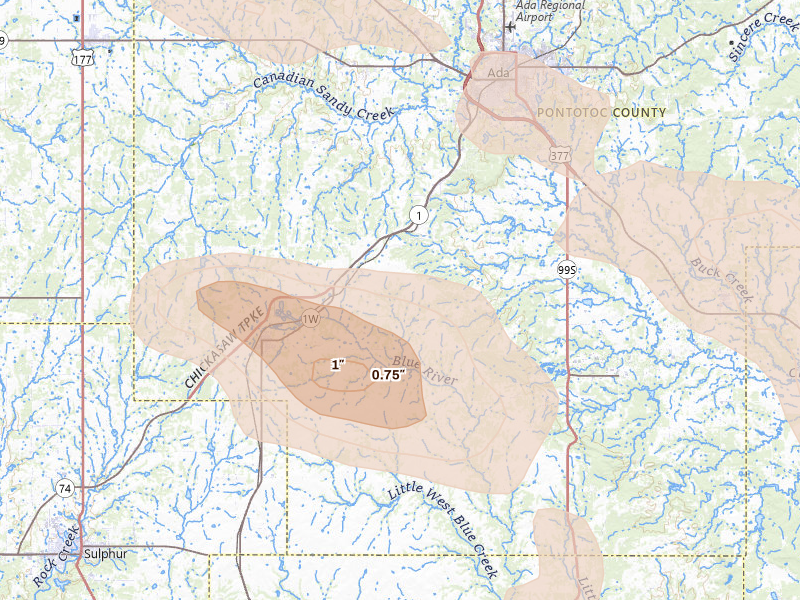 Radar-estimated hail-size map of the storm over Roff, OK on Apr 25, 2026