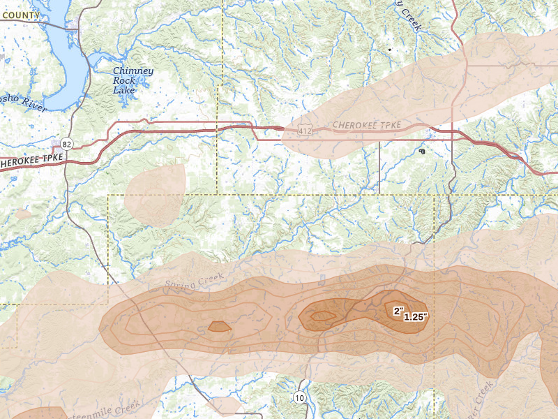 Radar-estimated hail-size map of the storm over Rose, OK on Apr 28, 2026