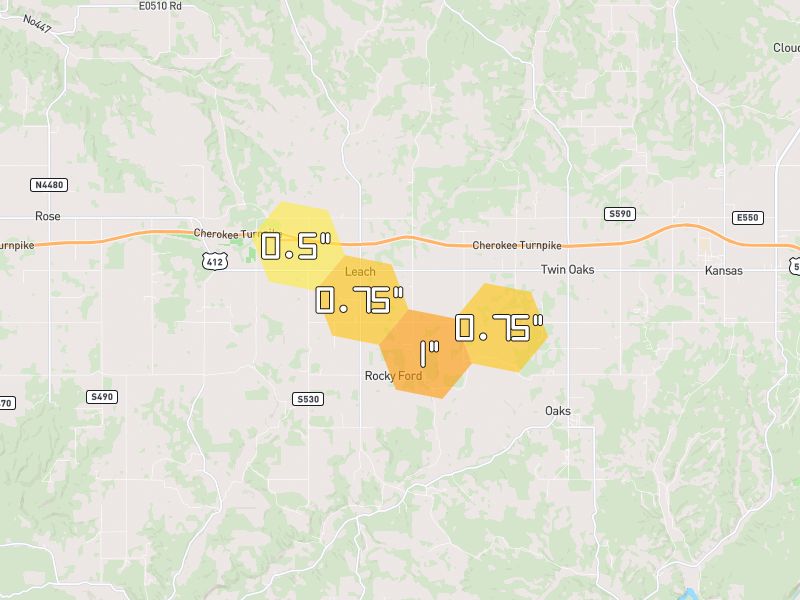 Hail map of Rose, OK on Jul 12, 2026, hail up to 1"