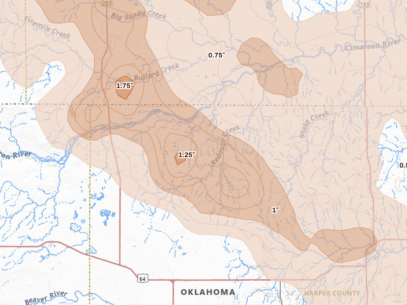 Radar-estimated hail-size map of the storm over Rosston, OK