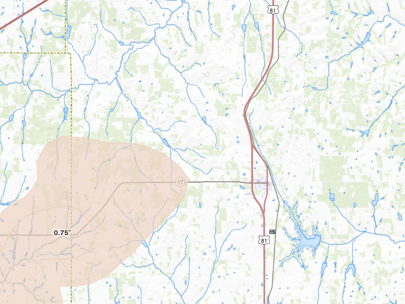 Radar-estimated hail-size map of the storm over Rush Springs, OK on Apr 26, 2026