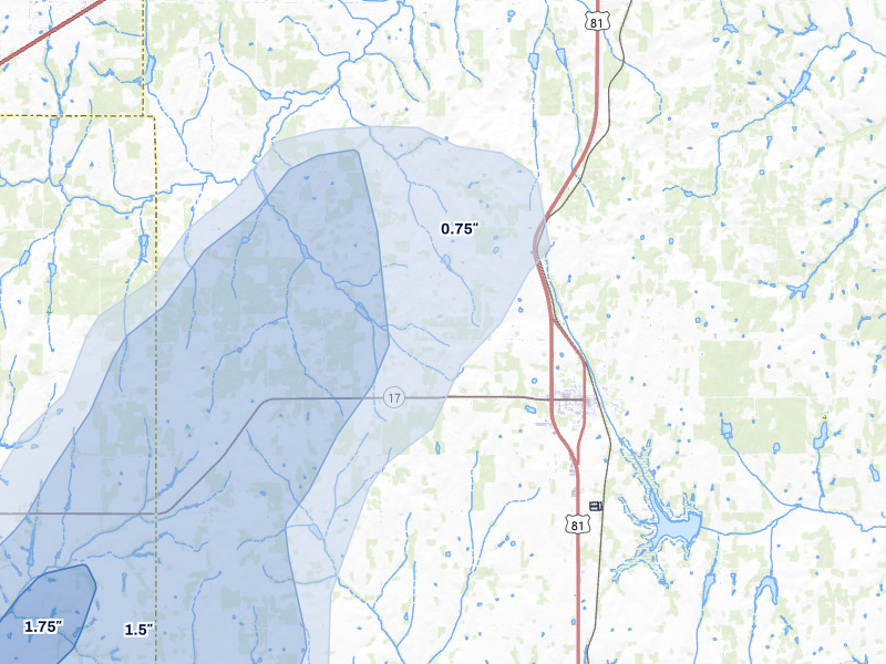 NEXRAD radar-signature map of the hail over Rush Springs, OK