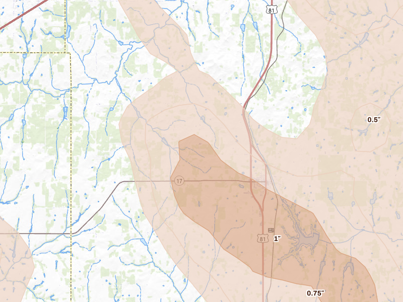 Radar-estimated hail-size map of the storm over Rush Springs, OK on May 8, 2026