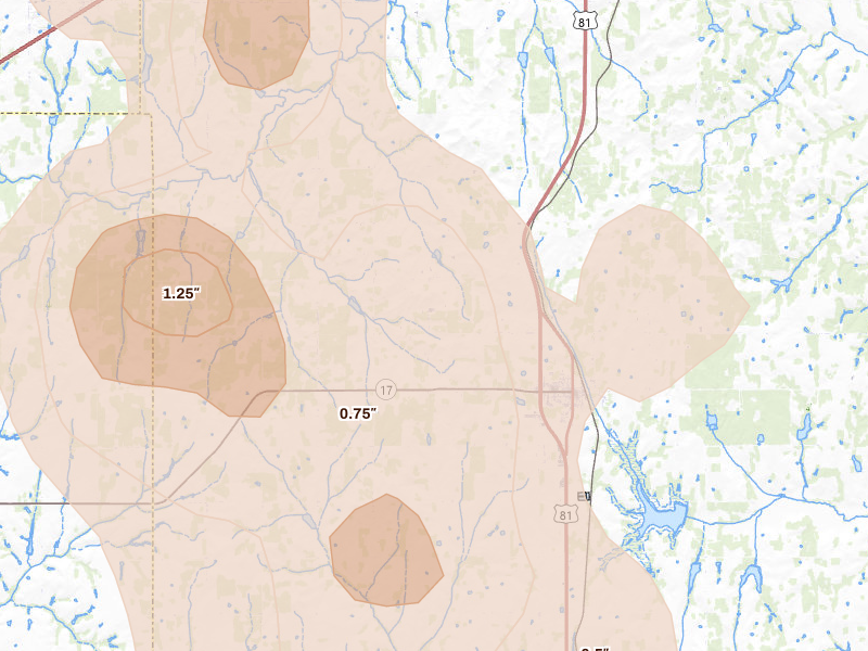 Radar-estimated hail-size map of the storm over Rush Springs, OK