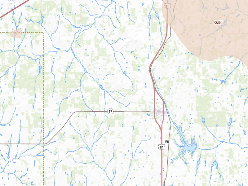 Radar-estimated hail-size map of the storm over Rush Springs, OK on Jul 4, 2026
