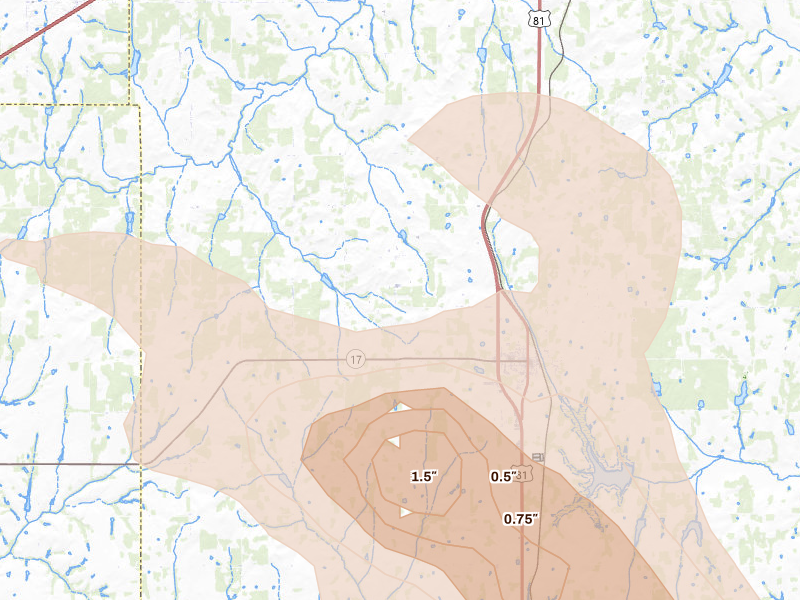 Radar-estimated hail-size map of the storm over Rush Springs, OK on Jul 5, 2026