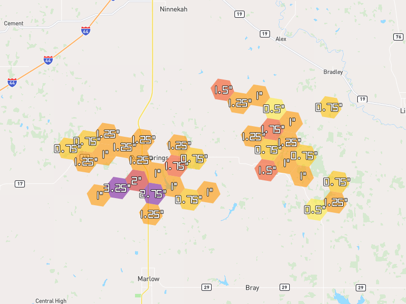 Hail map of Rush Springs, OK on Jul 5, 2026, hail up to 3.25"