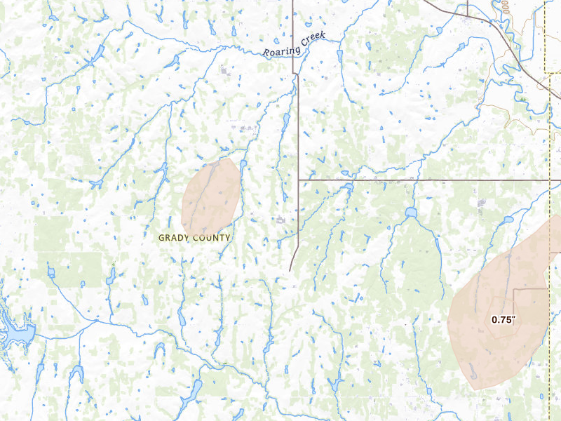 Radar-estimated hail-size map of the storm over Rush Springs, OK on Aug 7, 2026