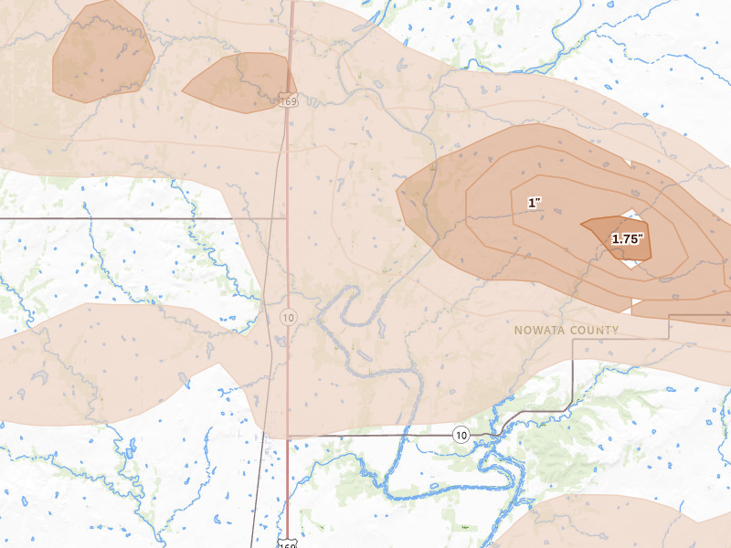 Radar-estimated hail-size map of the storm over S Coffeyville, OK on Apr 25, 2026