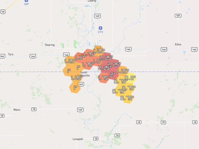 Hail map of S Coffeyville, OK on Jun 26, 2026, hail up to 2.25"
