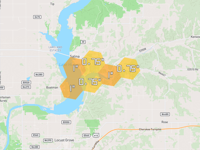 Hail map of Salina, OK on Jul 11, 2026, hail up to 1"