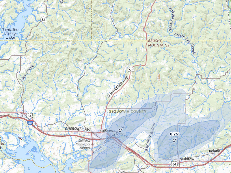 NEXRAD radar-signature map of the hail storm over Sallisaw, OK on Apr 28, 2026