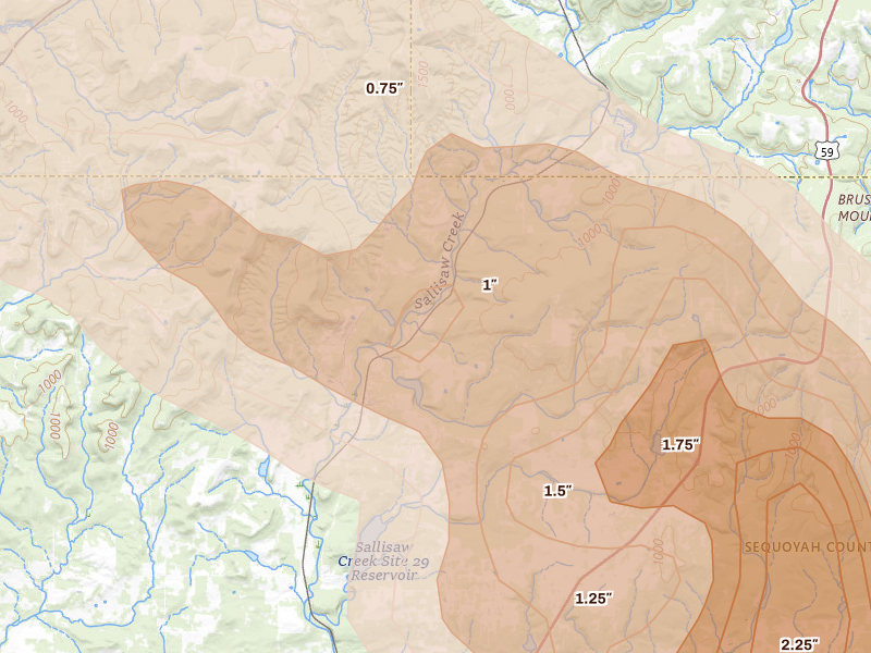 Radar-estimated hail-size map of the storm over Sallisaw, OK on May 8, 2026