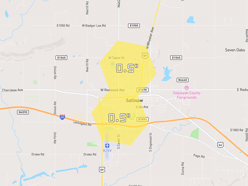 Hail map of Sallisaw, OK on Jul 2, 2026, hail up to 0.5"