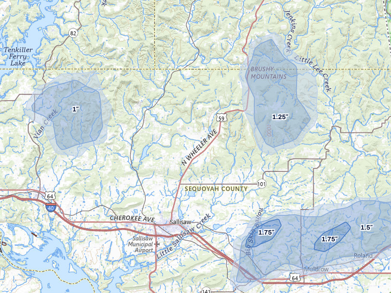NEXRAD radar-signature map of the hail storm over Sallisaw, OK on Jul 6, 2026
