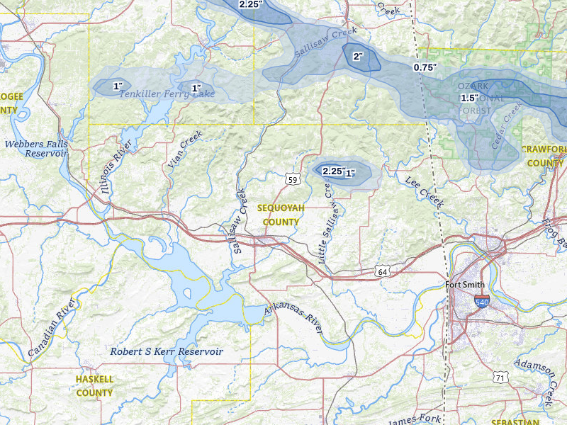 NEXRAD radar-signature map of the hail storm over Sallisaw, OK on Aug 17, 2026
