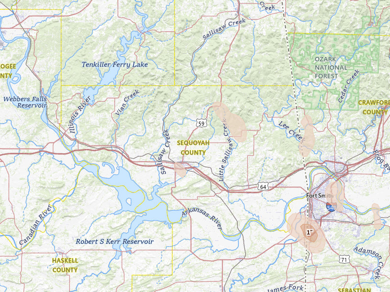 Radar-estimated hail-size map of the storm over Sallisaw, OK on Aug 20, 2026