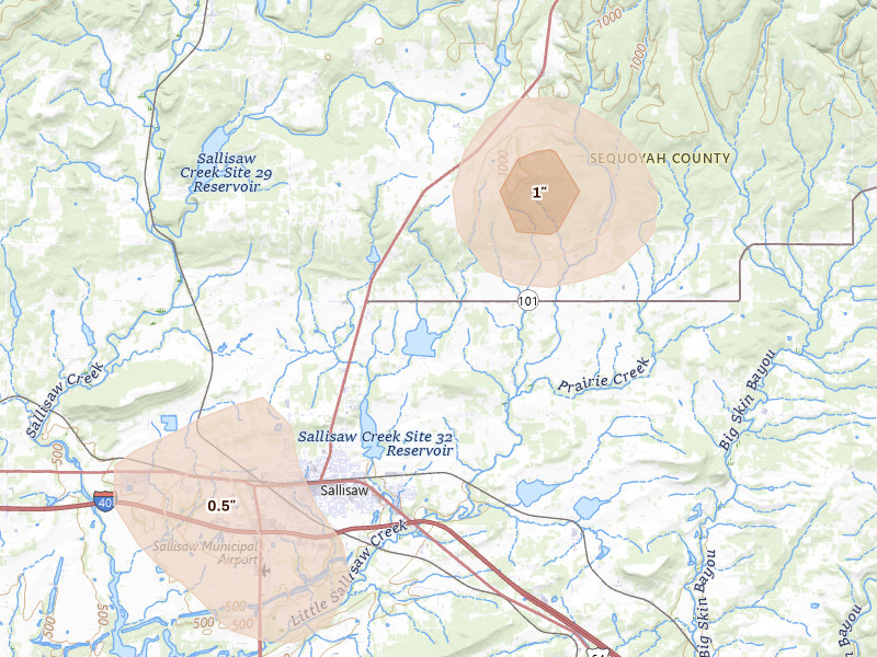 Radar-estimated hail-size map of the storm over Sallisaw, OK on Aug 26, 2026
