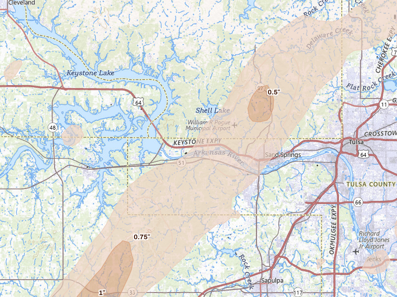 Radar-estimated hail-size map of the storm over Sand Springs, OK on Mar 6, 2026