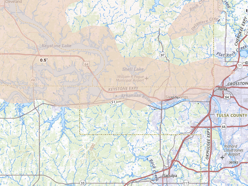 Radar-estimated hail-size map of the storm over Sand Springs, OK on Apr 23, 2026
