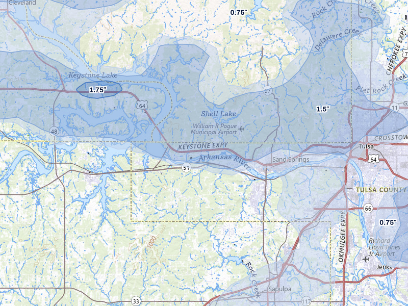 NEXRAD radar-signature map of the hail over Sand Springs, OK