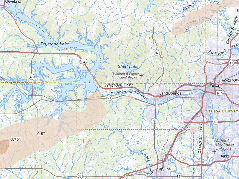 Radar-estimated hail-size map of the storm over Sand Springs, OK on Apr 28, 2026