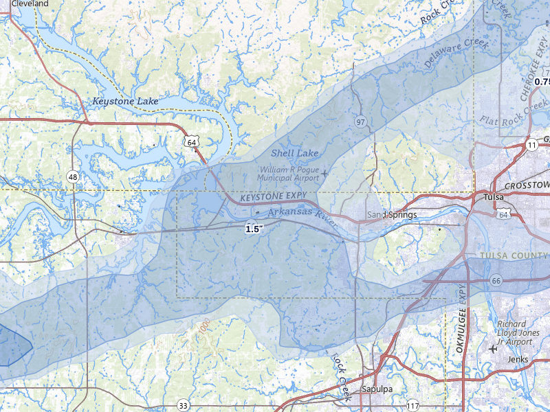 NEXRAD radar-signature map of the hail storm over Sand Springs, OK on Apr 28, 2026
