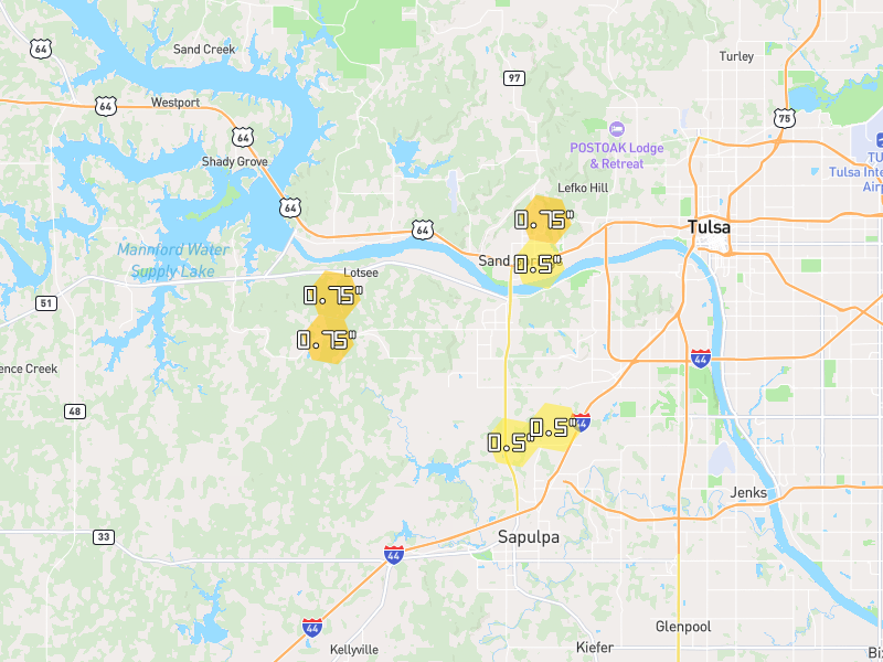 Hail map of Sand Springs, OK on Jun 2, 2026, hail up to 0.75"
