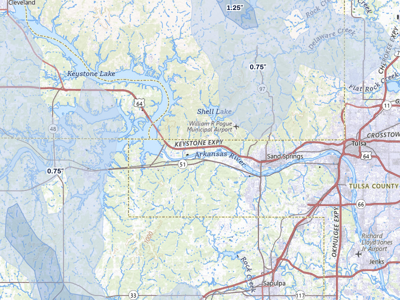 NEXRAD radar-signature map of the hail over Sand Springs, OK